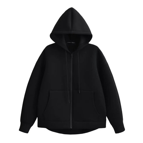 Women's Heavyweight Full-Zip Hoodie Sweatshirt | High Street Loose Fit Autumn/Winter Jacket | Solid Color with Pockets