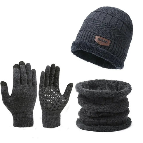 Warm Men's Winter Cashmere Knit Hat, Scarf and Glove Set - Windproof & Insulated for Cold Weather