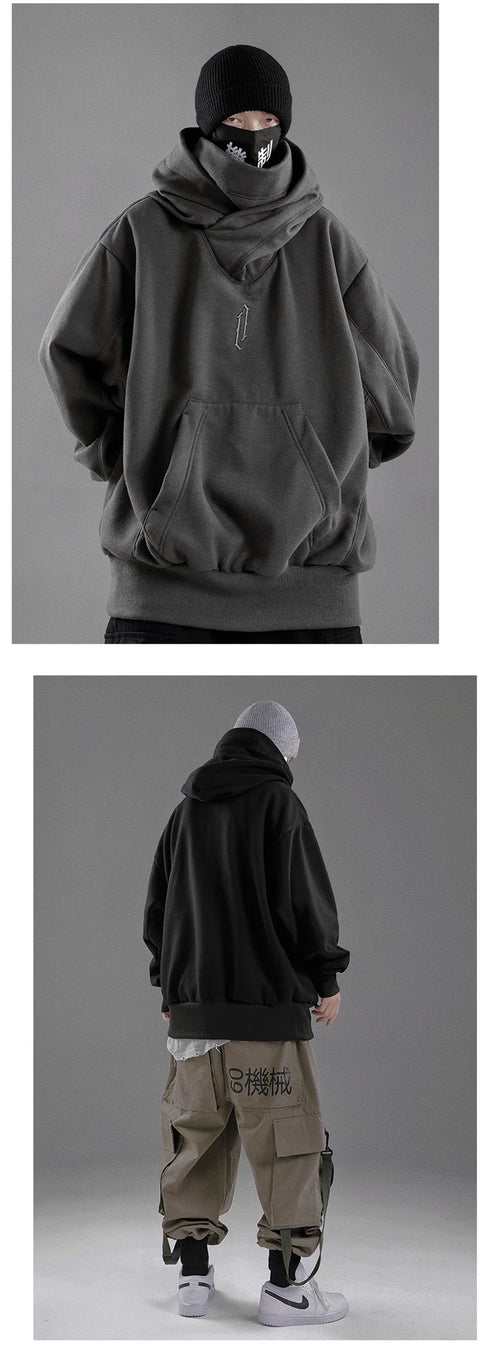 Men’s Embroidered Turtleneck Hoodie – Japanese Ninja Streetwear Oversized Y2K Pullover | Hip Hop Fleece Graphic Sweatshirt with Pocket (Autumn)