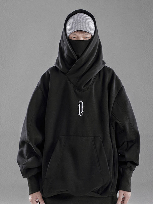 Men’s Embroidered Turtleneck Hoodie – Japanese Ninja Streetwear Oversized Y2K Pullover | Hip Hop Fleece Graphic Sweatshirt with Pocket (Autumn)