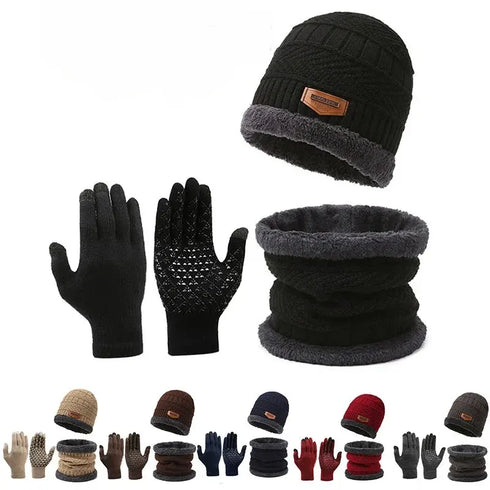 Warm Men's Winter Cashmere Knit Hat, Scarf and Glove Set - Windproof & Insulated for Cold Weather