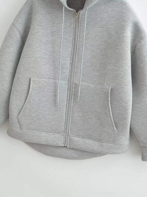 Women's Heavyweight Full-Zip Hoodie Sweatshirt | High Street Loose Fit Autumn/Winter Jacket | Solid Color with Pockets