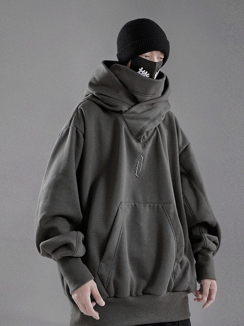 Men’s Embroidered Turtleneck Hoodie – Japanese Ninja Streetwear Oversized Y2K Pullover | Hip Hop Fleece Graphic Sweatshirt with Pocket (Autumn)