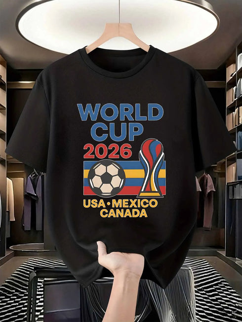 Men’s 2026 Soccer Graphic T-Shirt, 100% Cotton Trophy Ball Print Summer Fan Tee