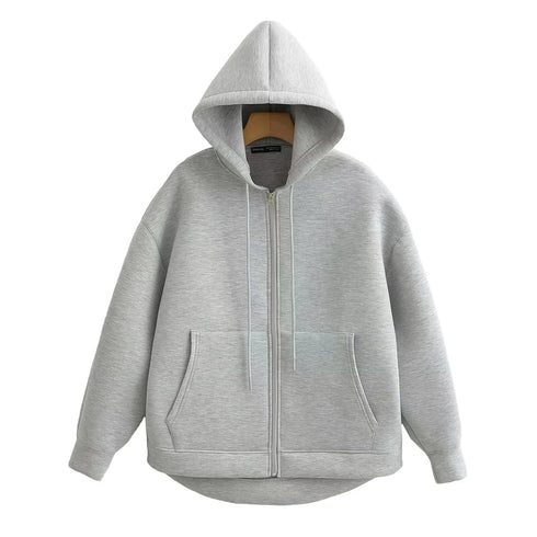 Women's Heavyweight Full-Zip Hoodie Sweatshirt | High Street Loose Fit Autumn/Winter Jacket | Solid Color with Pockets