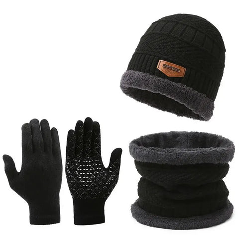 Warm Men's Winter Cashmere Knit Hat, Scarf and Glove Set - Windproof & Insulated for Cold Weather