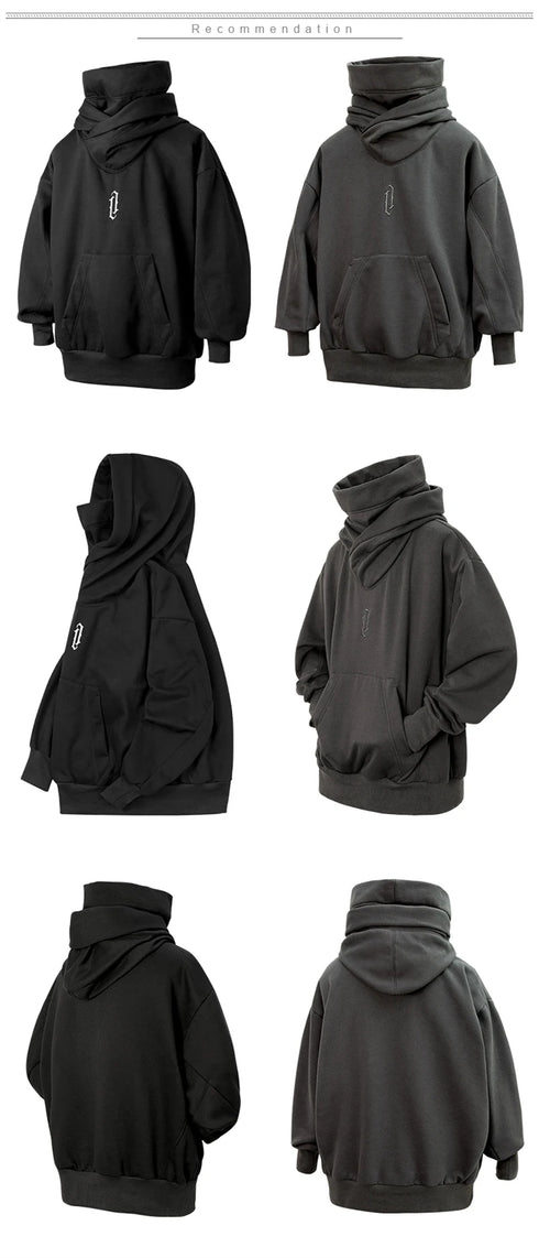 Men’s Embroidered Turtleneck Hoodie – Japanese Ninja Streetwear Oversized Y2K Pullover | Hip Hop Fleece Graphic Sweatshirt with Pocket (Autumn)