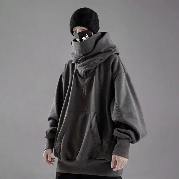 Men’s Embroidered Turtleneck Hoodie – Japanese Ninja Streetwear Oversized Y2K Pullover | Hip Hop Fleece Graphic Sweatshirt with Pocket (Autumn)