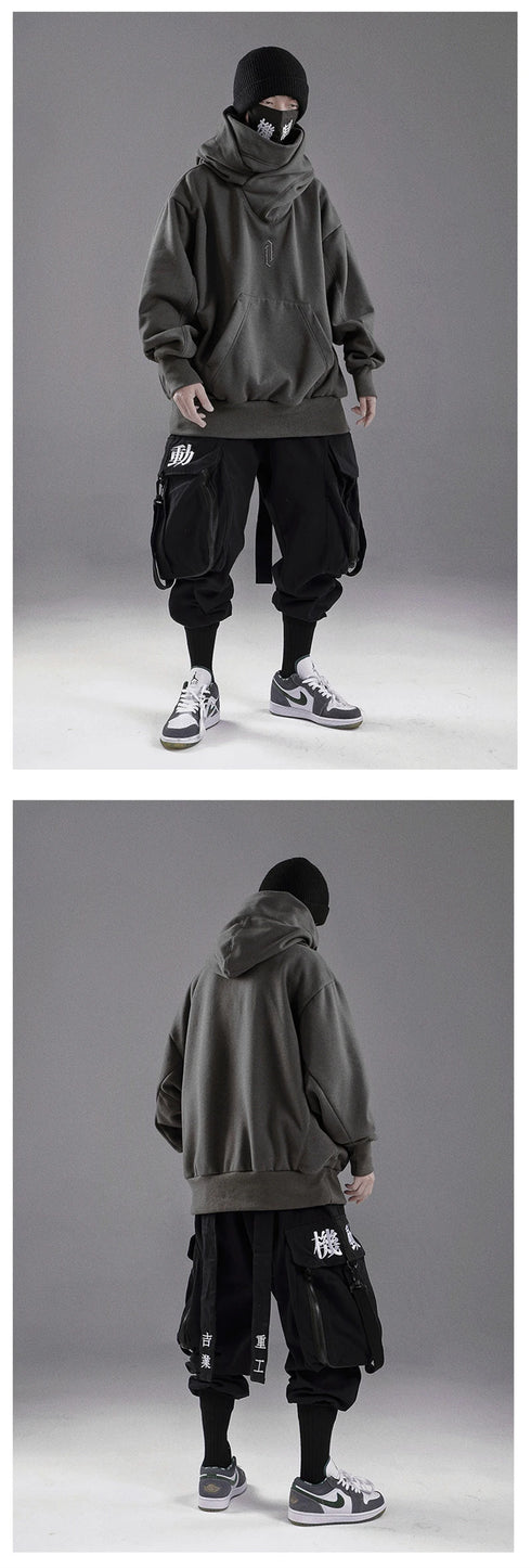 Men’s Embroidered Turtleneck Hoodie – Japanese Ninja Streetwear Oversized Y2K Pullover | Hip Hop Fleece Graphic Sweatshirt with Pocket (Autumn)
