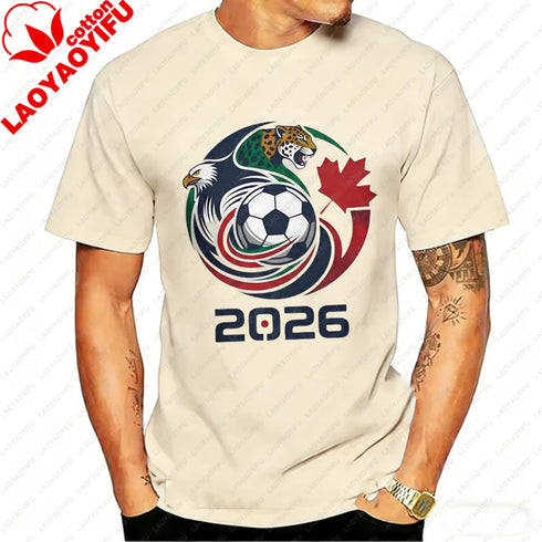Men’s 2026 Soccer T-Shirt, USA Canada Mexico Eagle Jaguar Graphic Fan Tee