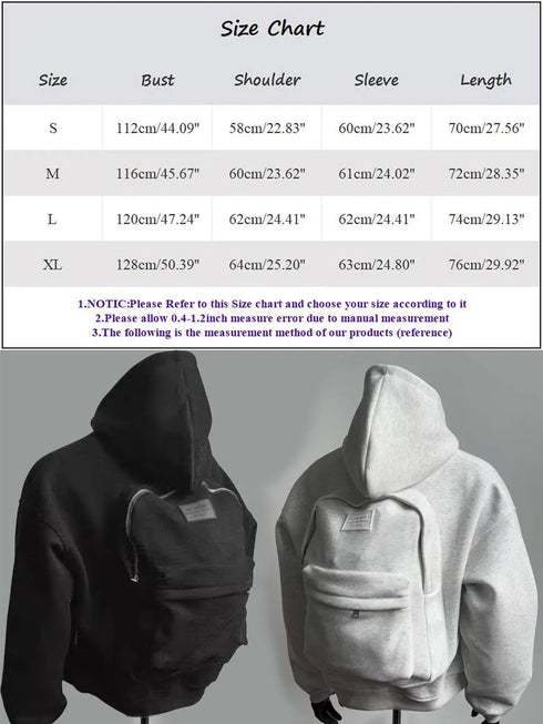 Unisex Full-Zip Hoodie Jacket with Integrated 3D Backpack | Travel-Ready Punk Style Lightweight Sweatshirt