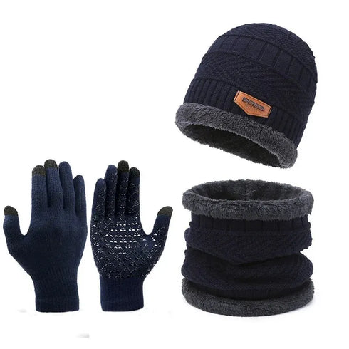 Warm Men's Winter Cashmere Knit Hat, Scarf and Glove Set - Windproof & Insulated for Cold Weather