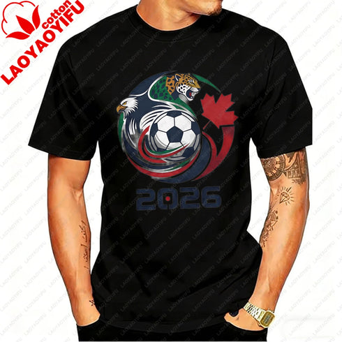 Men’s 2026 Soccer T-Shirt, USA Canada Mexico Eagle Jaguar Graphic Fan Tee