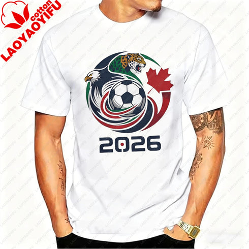 Men’s 2026 Soccer T-Shirt, USA Canada Mexico Eagle Jaguar Graphic Fan Tee