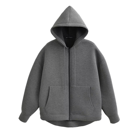 Women's Heavyweight Full-Zip Hoodie Sweatshirt | High Street Loose Fit Autumn/Winter Jacket | Solid Color with Pockets
