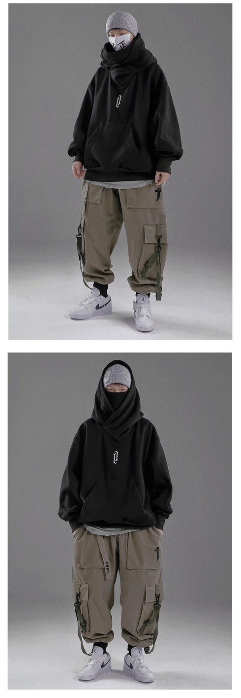 Men’s Embroidered Turtleneck Hoodie – Japanese Ninja Streetwear Oversized Y2K Pullover | Hip Hop Fleece Graphic Sweatshirt with Pocket (Autumn)