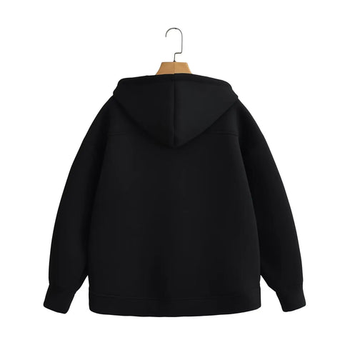 Women's Heavyweight Full-Zip Hoodie Sweatshirt | High Street Loose Fit Autumn/Winter Jacket | Solid Color with Pockets