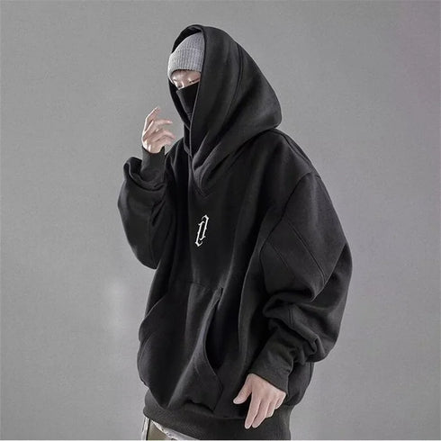 Men’s Embroidered Turtleneck Hoodie – Japanese Ninja Streetwear Oversized Y2K Pullover | Hip Hop Fleece Graphic Sweatshirt with Pocket (Autumn)