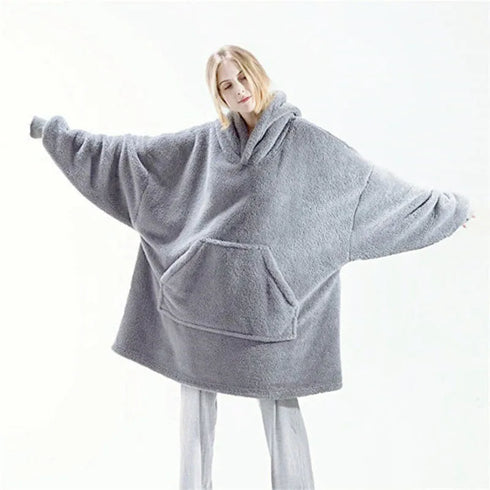 Oversized Fleece Wearable Blanket Hoodie – Double-Faced Warm Winter Pullover with Large Pocket | Unisex Cozy Sweatshirt Robe for Women & Men