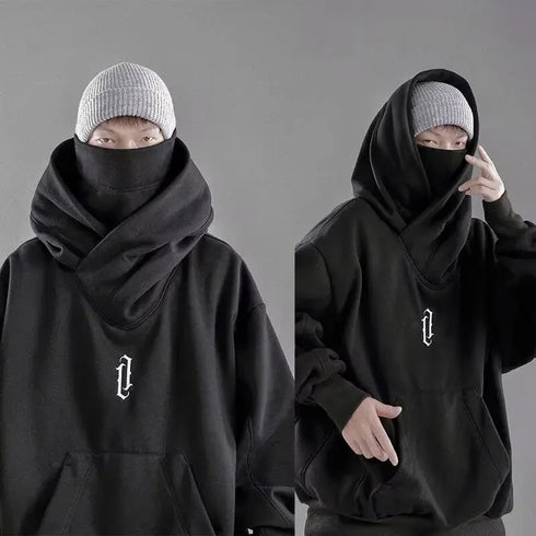 Men’s Embroidered Turtleneck Hoodie – Japanese Ninja Streetwear Oversized Y2K Pullover | Hip Hop Fleece Graphic Sweatshirt with Pocket (Autumn)
