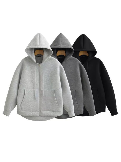 Women's Heavyweight Full-Zip Hoodie Sweatshirt | High Street Loose Fit Autumn/Winter Jacket | Solid Color with Pockets