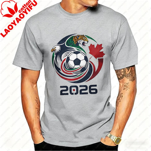 Men’s 2026 Soccer T-Shirt, USA Canada Mexico Eagle Jaguar Graphic Fan Tee