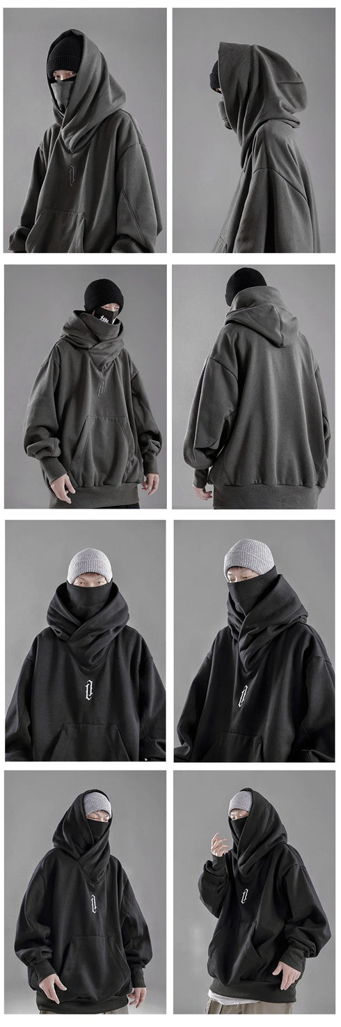 Men’s Embroidered Turtleneck Hoodie – Japanese Ninja Streetwear Oversized Y2K Pullover | Hip Hop Fleece Graphic Sweatshirt with Pocket (Autumn)