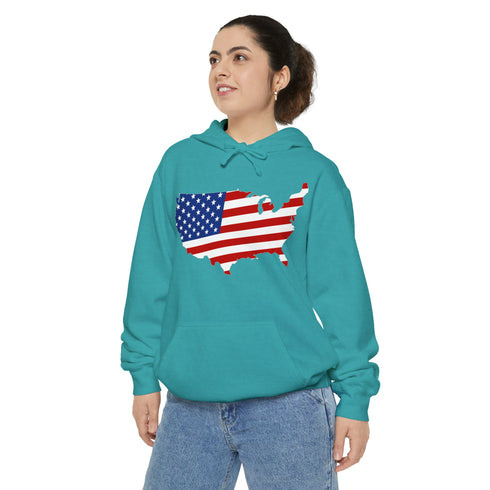 American flag on its map style with the Premium Garment-Dye Hoodie.
