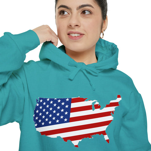 American flag on its map style with the Premium Garment-Dye Hoodie.