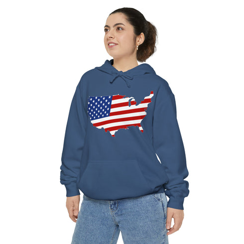 American flag on its map style with the Premium Garment-Dye Hoodie.