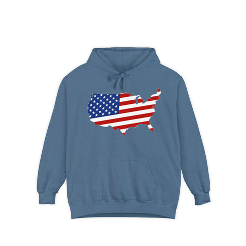 American flag on its map style with the Premium Garment-Dye Hoodie.