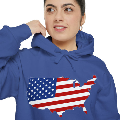 American flag on its map style with the Premium Garment-Dye Hoodie.