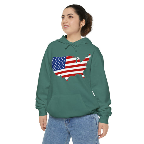 American flag on its map style with the Premium Garment-Dye Hoodie.