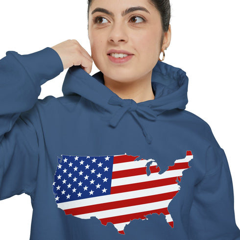 American flag on its map style with the Premium Garment-Dye Hoodie.