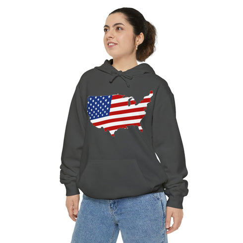 American flag on its map style with the Premium Garment-Dye Hoodie.
