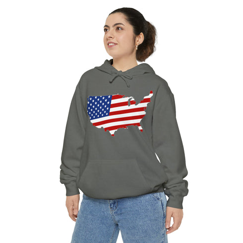 American flag on its map style with the Premium Garment-Dye Hoodie.