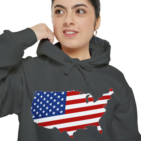 American flag on its map style with the Premium Garment-Dye Hoodie.