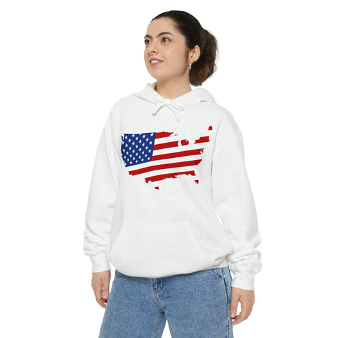 American flag on its map style with the Premium Garment-Dye Hoodie.