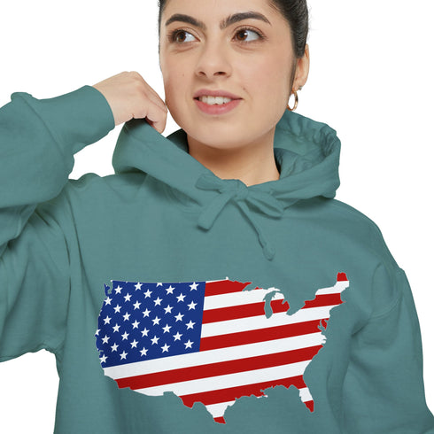 American flag on its map style with the Premium Garment-Dye Hoodie.