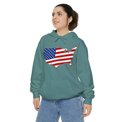 American flag on its map style with the Premium Garment-Dye Hoodie.