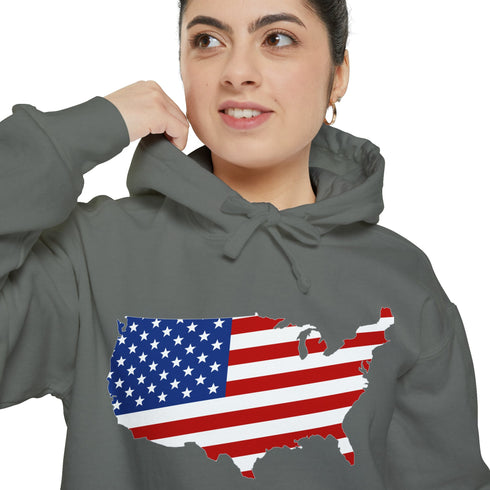 American flag on its map style with the Premium Garment-Dye Hoodie.