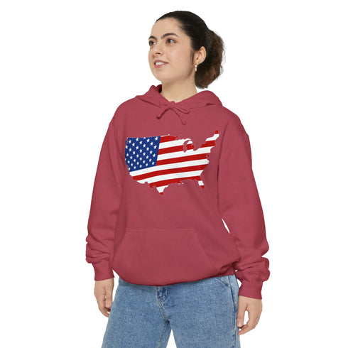 American flag on its map style with the Premium Garment-Dye Hoodie.