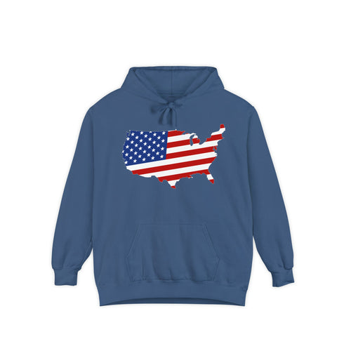 American flag on its map style with the Premium Garment-Dye Hoodie.