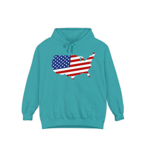 American flag on its map style with the Premium Garment-Dye Hoodie.