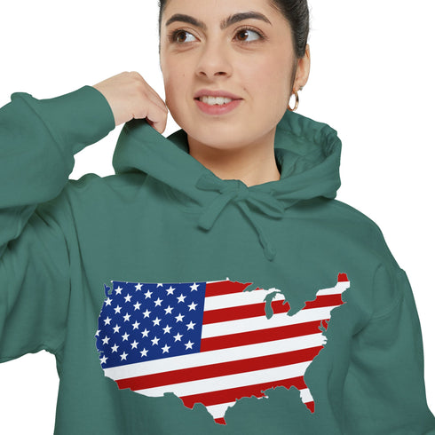 American flag on its map style with the Premium Garment-Dye Hoodie.