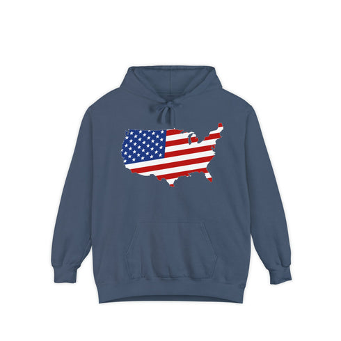 American flag on its map style with the Premium Garment-Dye Hoodie.