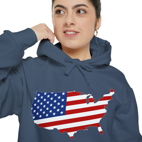 American flag on its map style with the Premium Garment-Dye Hoodie.
