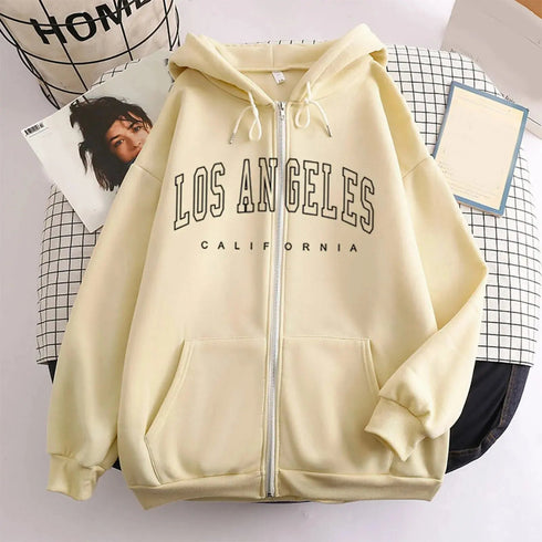 Autumn Spring Women’s Retro Fashion Hoodie Loose Letter Printed Zip Up Sweatshirt - Warms Hoodies