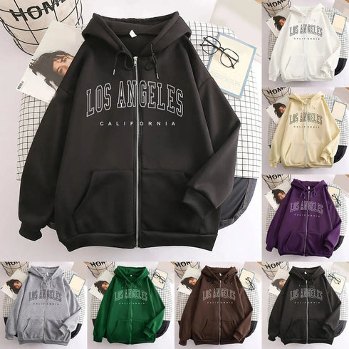 Autumn Spring Women’s Retro Fashion Hoodie Loose Letter Printed Zip Up Sweatshirt - Warms Hoodies