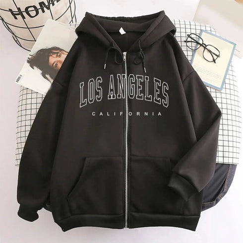 Autumn Spring Women’s Retro Fashion Hoodie Loose Letter Printed Zip Up Sweatshirt - Warms Hoodies